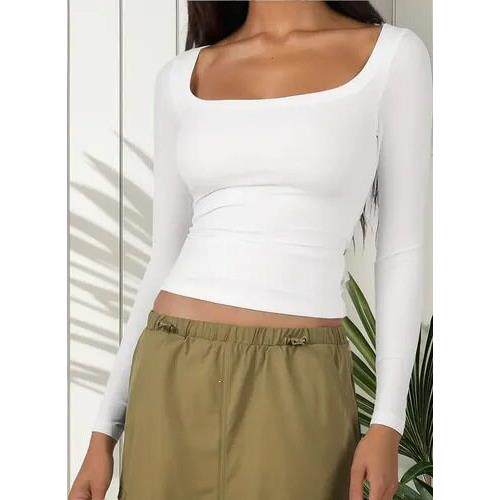 Q 11362 Women Square Neck Blouse Fashion White时尚上衣