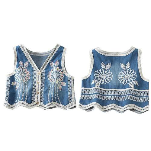 T 11449 Embroidered Denim Vest 钩花刺绣牛仔背心