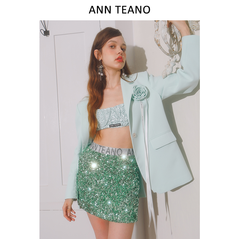 【明星同款】Ann teano 绿野仙踪LOGO闪闪水晶亮片短裙半身裙