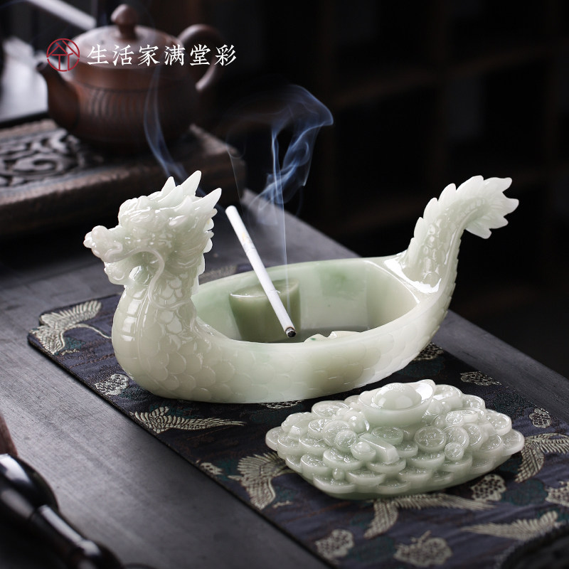 创意中式端午龙舟烟灰缸带盖防飞灰家用客厅摆件高端大气上档次
