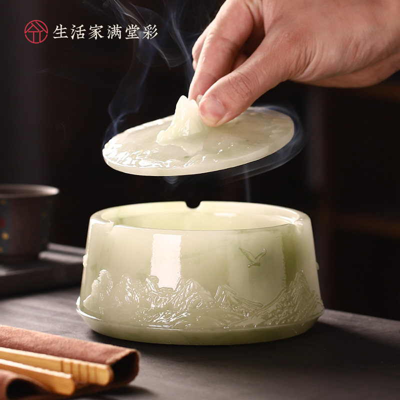 创意个性高档浮雕山峦烟灰缸大号带盖子防飞灰烟缸茶几摆件茶具配