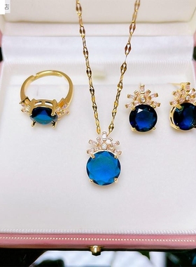 百搭蓝色圆形水晶耳环项链套装 简约跨境个性时尚锁骨项链耳百搭