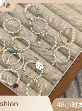 弹力绳戒指组合925银手工手串碎银子银珠戒指风时尚热卖款百搭