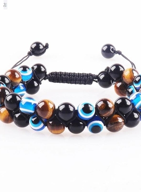 邪恶之眼手链黑曜石磁石虎眼石双层手工编织可调节8恶魔之眼百搭
