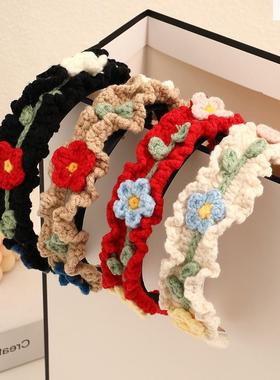 冬潮流复古手工针织毛线发箍淑女可爱少女心毛线花朵宽头箍头饰