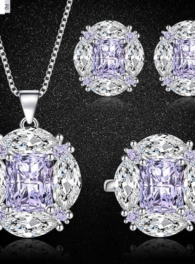 跨境新品高级感气质套装项链戒指耳钉紫色锆石结婚宴会彩宝三百搭
