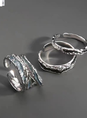 潮小白925银复古暗影戒指男女小众冷淡风个性时尚气质开口指百搭