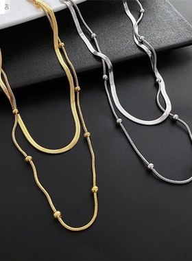 简约链条气质小众设计钛钢扁蛇链冷淡风锁骨链女时尚双层项链百搭