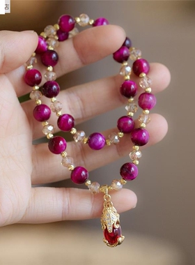 双层玫红虎眼石手链女 金玉满堂貔貅猫眼旺夫石水晶手串女款百搭