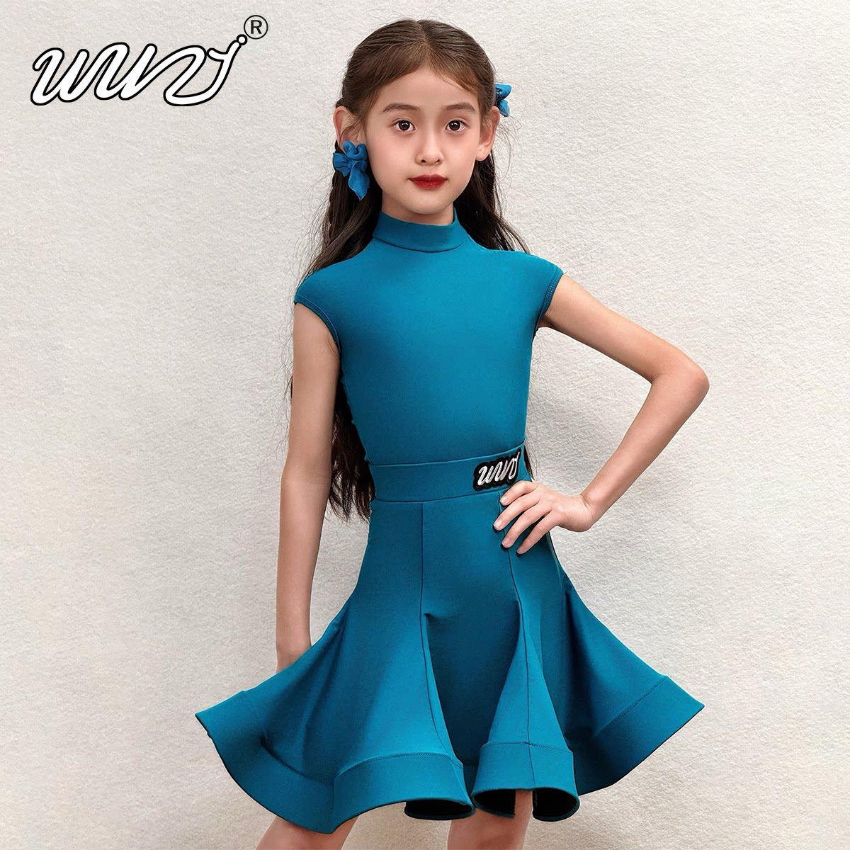 舞姿拉丁舞比赛服女儿童肩袖专业欧标考级舞蹈表演规定服分体裙