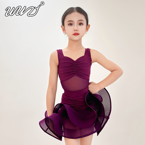 儿童拉丁舞服女童2026夏季新款紫色拉丁舞练功服少儿舞蹈表演套装
