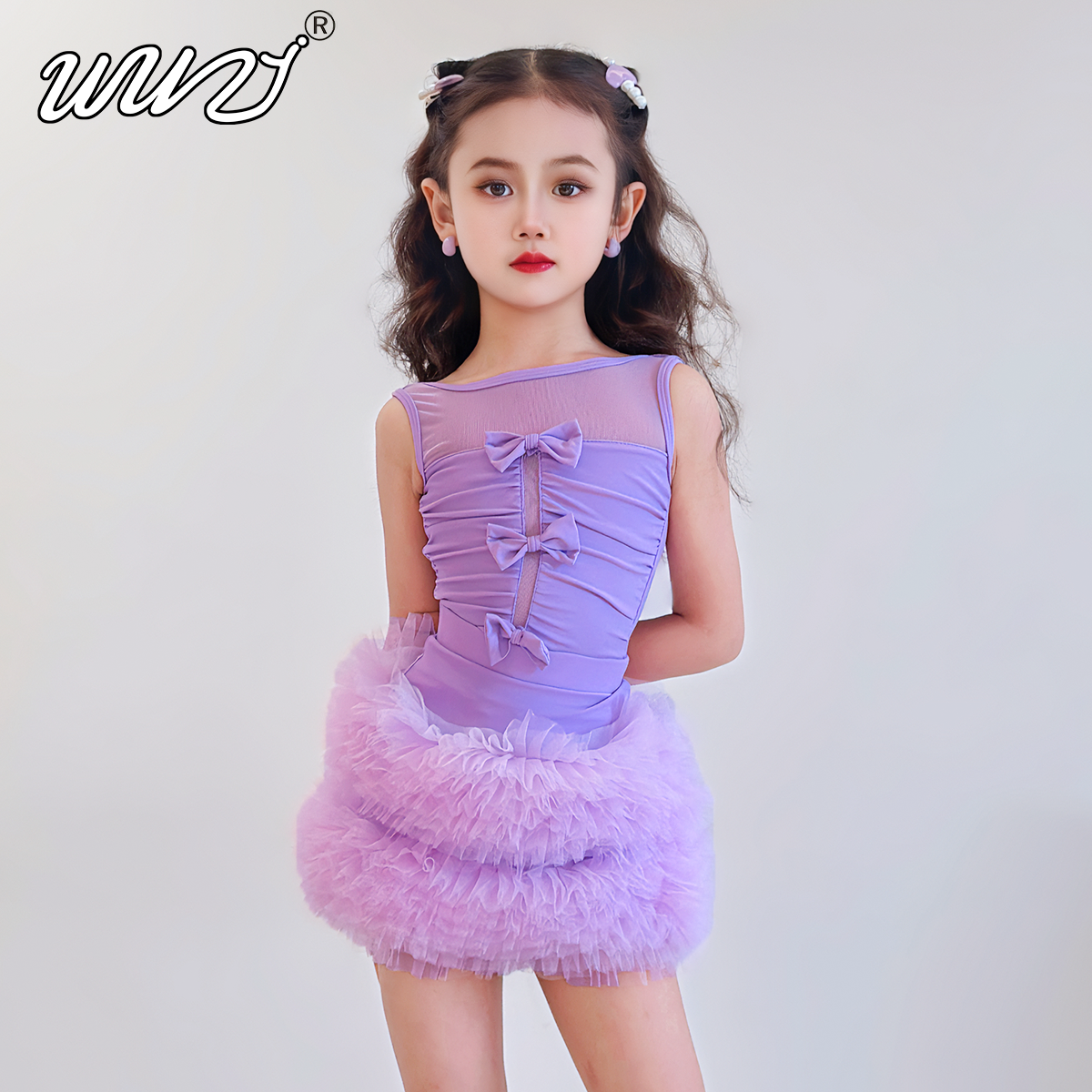 儿童拉丁舞服女童2025夏季新款紫色拉丁舞练功服少儿舞蹈表演套装