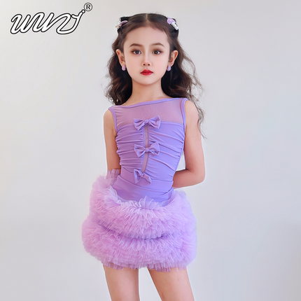 儿童拉丁舞服女童2025夏季新款紫色拉丁舞练功服少儿舞蹈表演套装