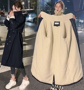 加绒加厚羊羔毛外套女2023冬季棉服中长款过膝韩版宽松棉袄派克服