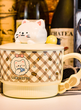 燕麦碗早餐碗带勺子盖家用马克杯大容量大号陶瓷酸奶可爱猫咪儿童