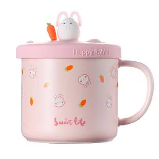 兔子马克杯水杯女陶瓷杯儿童早餐杯带盖带勺可爱带吸管卡通小学生