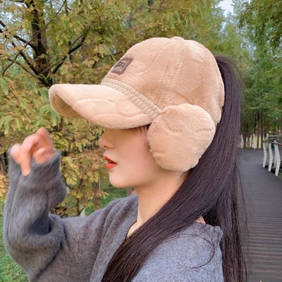 帽子女款秋冬季韩版可扎马尾棒球帽骑行保暖百搭加绒鸭舌帽护耳罩