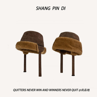 一帽多戴秋冬户外保暖麂皮绒毛毛水桶帽显脸小仿貂毛贵气渔夫帽冬