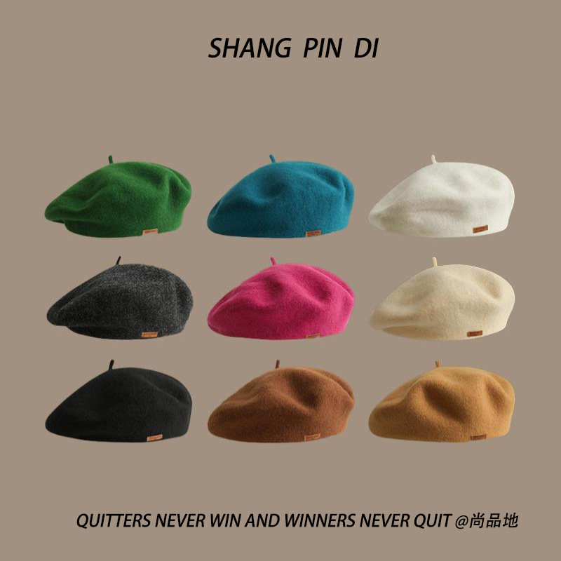 石原里美同款蓓蕾帽韩版皮标百搭毛呢贝雷帽秋冬日系复古画家帽子