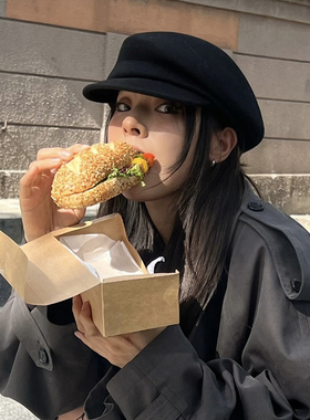 fever同款英伦风黑色小众贝雷帽子女秋冬显脸小羊毡帽毛呢画家帽