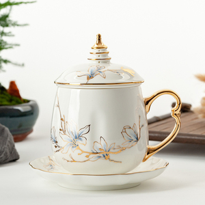 金岚玉骨瓷茶漏杯天坛杯带盖大容量茶杯描金水杯办公室茶水分离杯