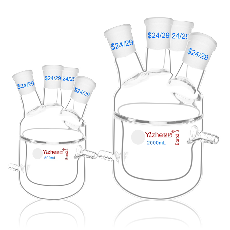 四口夹套反应瓶平底内圆外平四口双层反应烧瓶实验室玻璃器皿