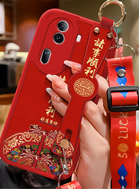 适用opporeno11pro手机壳新年款诸事顺利Reno11Pro小羊皮腕带斜跨挂绳op0pp0全包防摔reno11高端创意女款