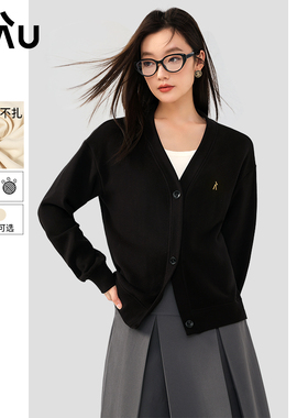 RAU针织开衫女外套秋冬2025新款黑色慵懒风小个子加厚v领宽松上衣