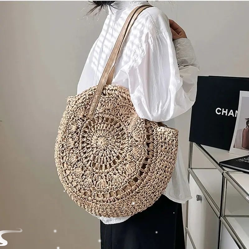 Summer Round Straw Women Vacation Woven Beach Shoulder Bag