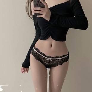 法式 性感撞色蕾丝内裤 纯欲风薄款 甜美蝴蝶结少女士透气中腰三角裤
