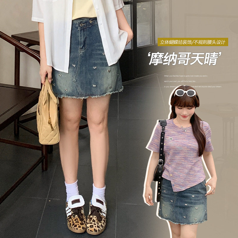 夏季高腰显瘦金属蝴蝶结装饰牛仔裙大码胖mm防走光a字半身裙63369
