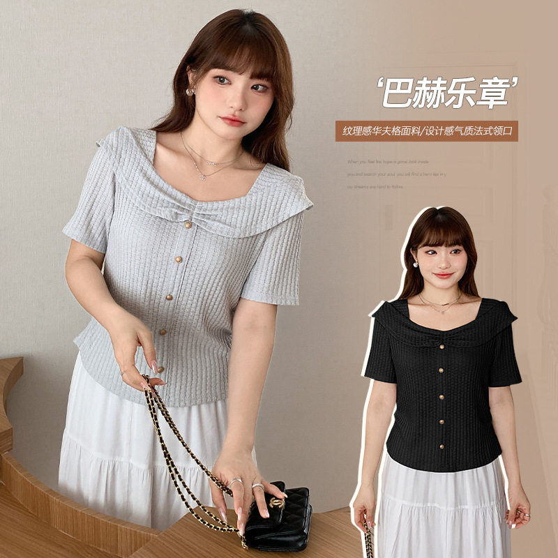 纯欲方领一字肩短袖T恤小衫女夏大码胖mm设计感收腰显瘦上衣62952