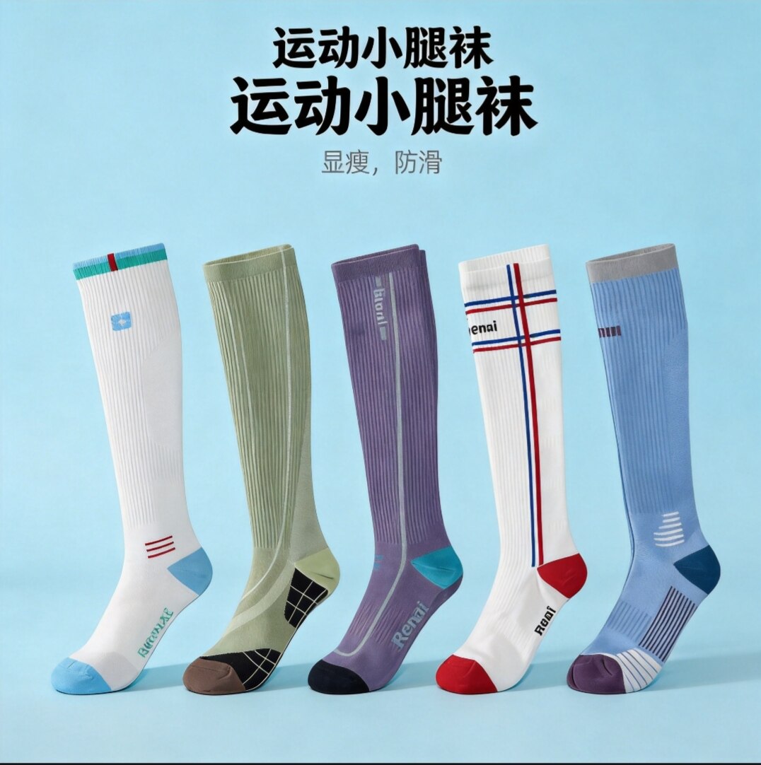 外贸专业运动压缩袜女小腿袜户外跑步健身及膝长筒压力袜R薄款