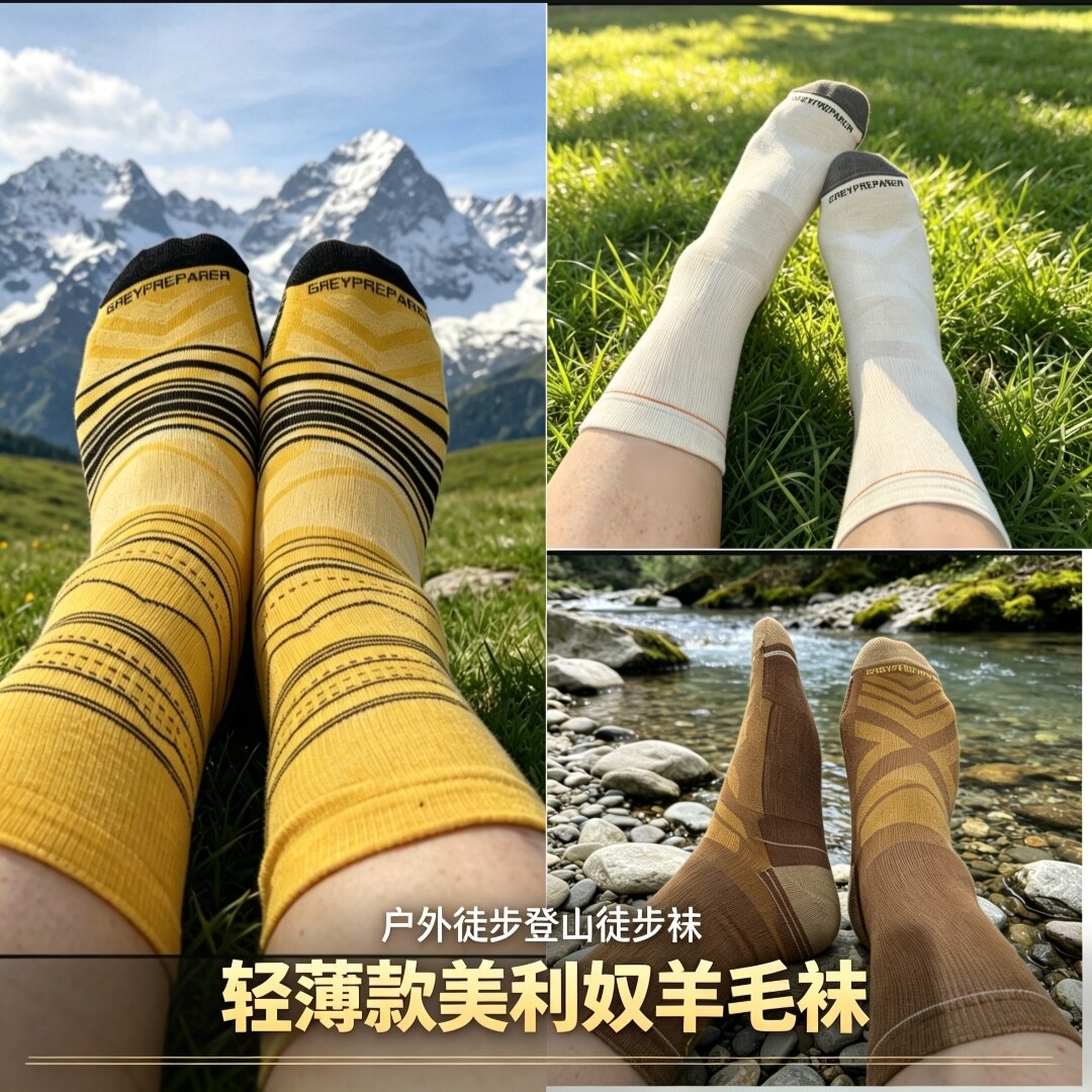 轻薄美利奴羊毛户外登山徒步中筒袜无骨对目压缩运动男女跑步袜