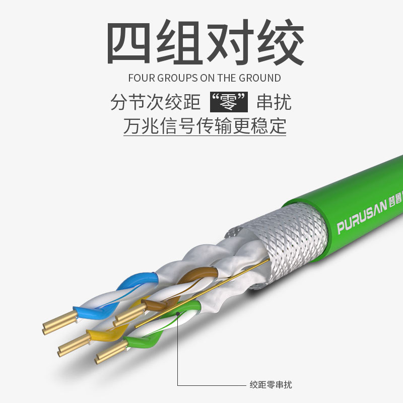 普鲁仕超七类万兆网线双屏蔽无氧铜CAT7A家用工程监控5G网线8芯