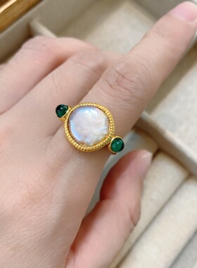 古典美vintage复古小众古希腊醒狮币戒指 做旧绿猫眼石重工女开口