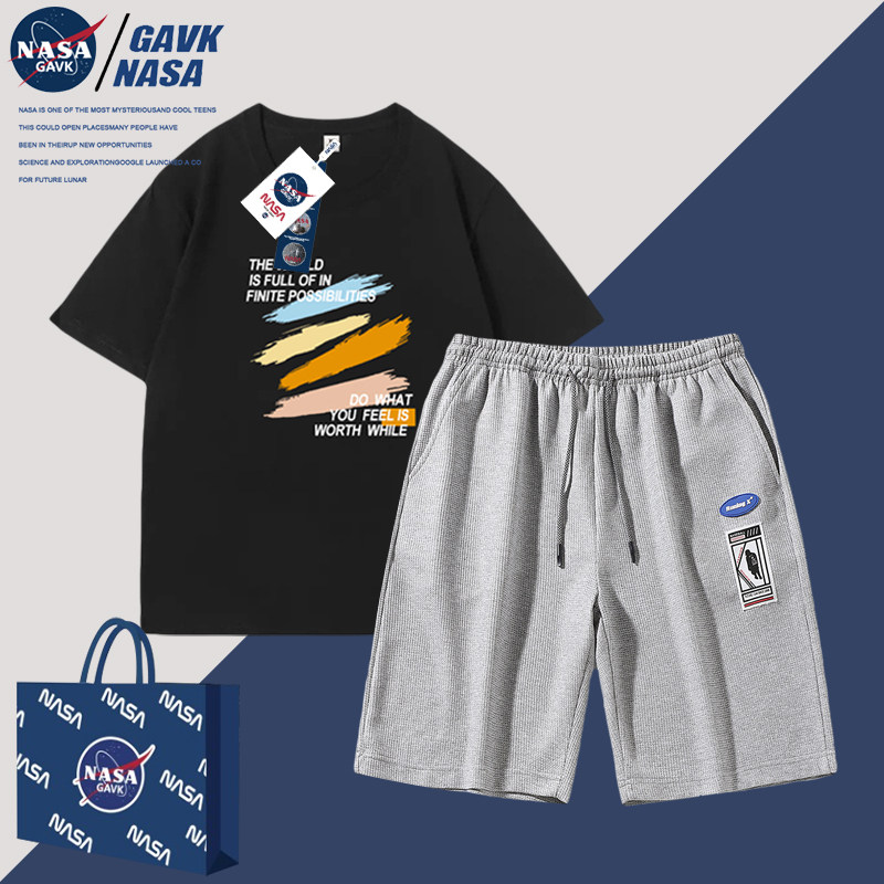 NASA GAVK新品潮牌运动纯棉印花T恤套装男情侣运动提花拉链短裤女