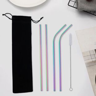 5 Pieces Stainless Steel Straw Set Colorful Metal Straws Bar