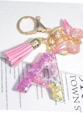Cute Resin A-Z Initials Letter Keychain Pink Sparkle Butterf
