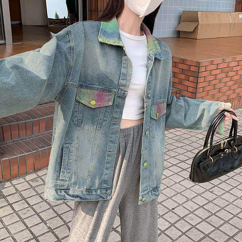 超好看渐变撞色翻领牛仔外套女2025春秋新款设计感小众夹克短上衣