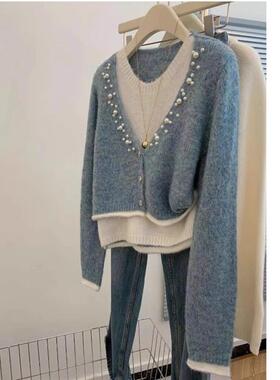 灰色叠穿假两件上衣女套头气质针织衫毛衣慵懒风设计感小众2025新