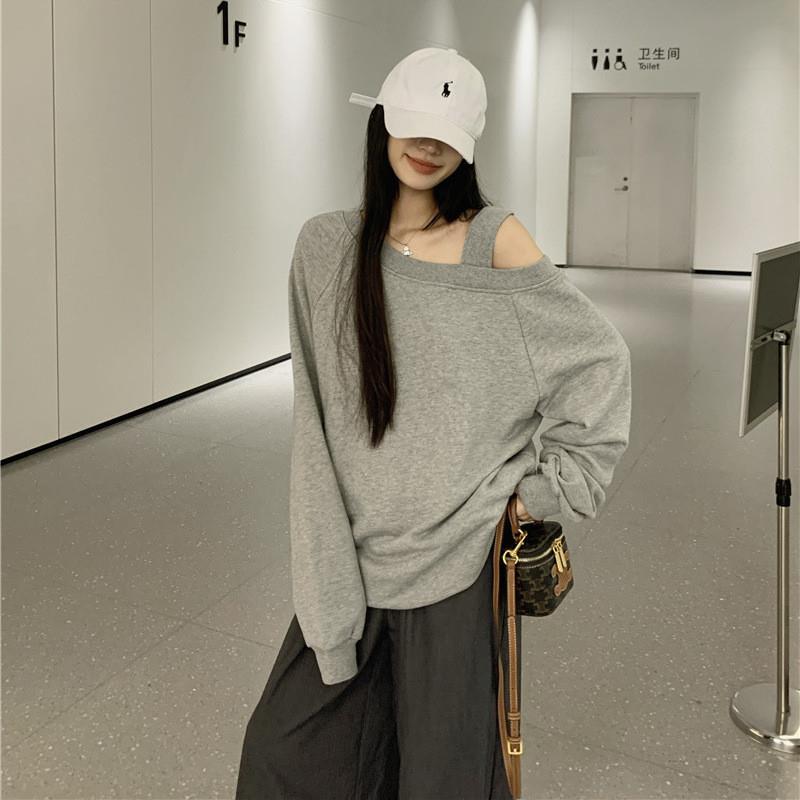 美式斜肩露肩宽松套头长袖卫衣女 2025设计感辣妹宽松ins春秋上衣