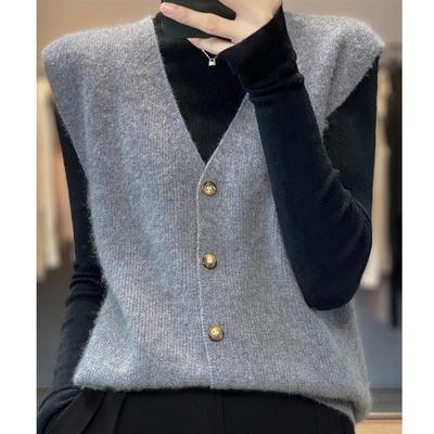 V领针织开衫女士马甲无袖宽松坎肩背心毛衣新款秋