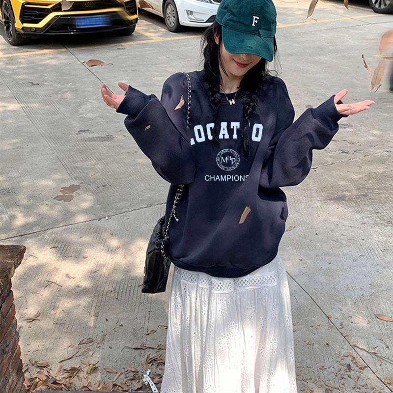 美式复古字母印花圆领炸街卫衣女加绒秋冬新款套头女上衣男女潮牌