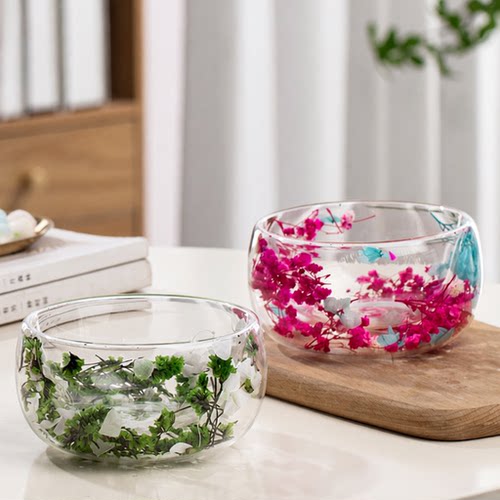 新品干花玻璃碗双层隔热甜品碗水果蔬菜沙拉碗加厚汤面碗