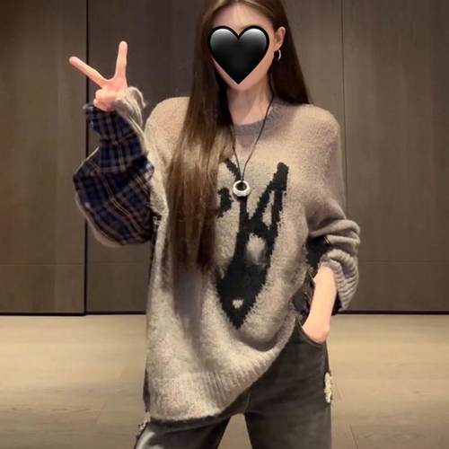 格子拼接针织衫毛衣温婉同款
