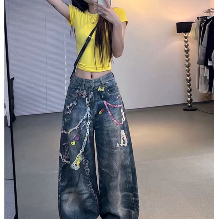 糖果链条印花复古做旧直筒牛仔裤女设计感显瘦阔腿裤休闲拖地裤子