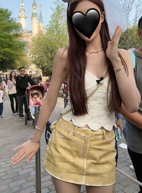 温婉同款黄色PU皮半身裙女2024夏季复古辣妹纯欲包臀A字超短裙子