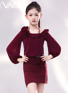 VAO舞配拉丁舞服红色新款表演服一字肩长袖儿童拉丁舞服练功服女