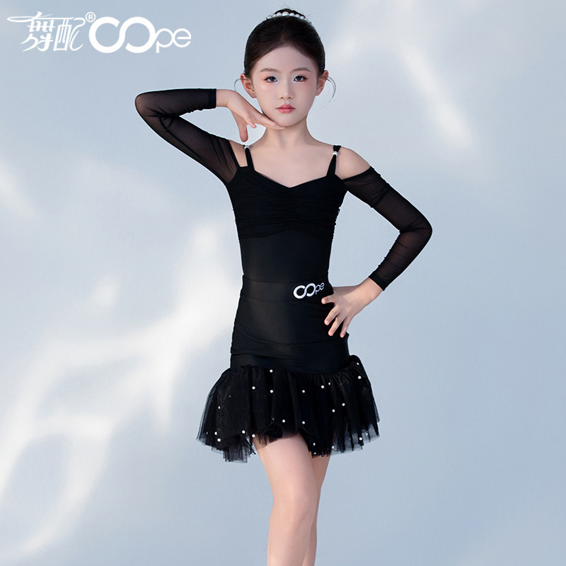 新款黑色吊带儿童拉丁舞服套装